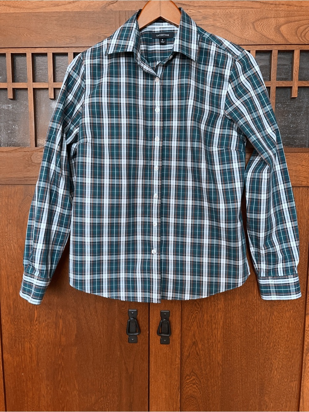 Lands' End Women’s Green and Teal Plaid Button-Down Shirt